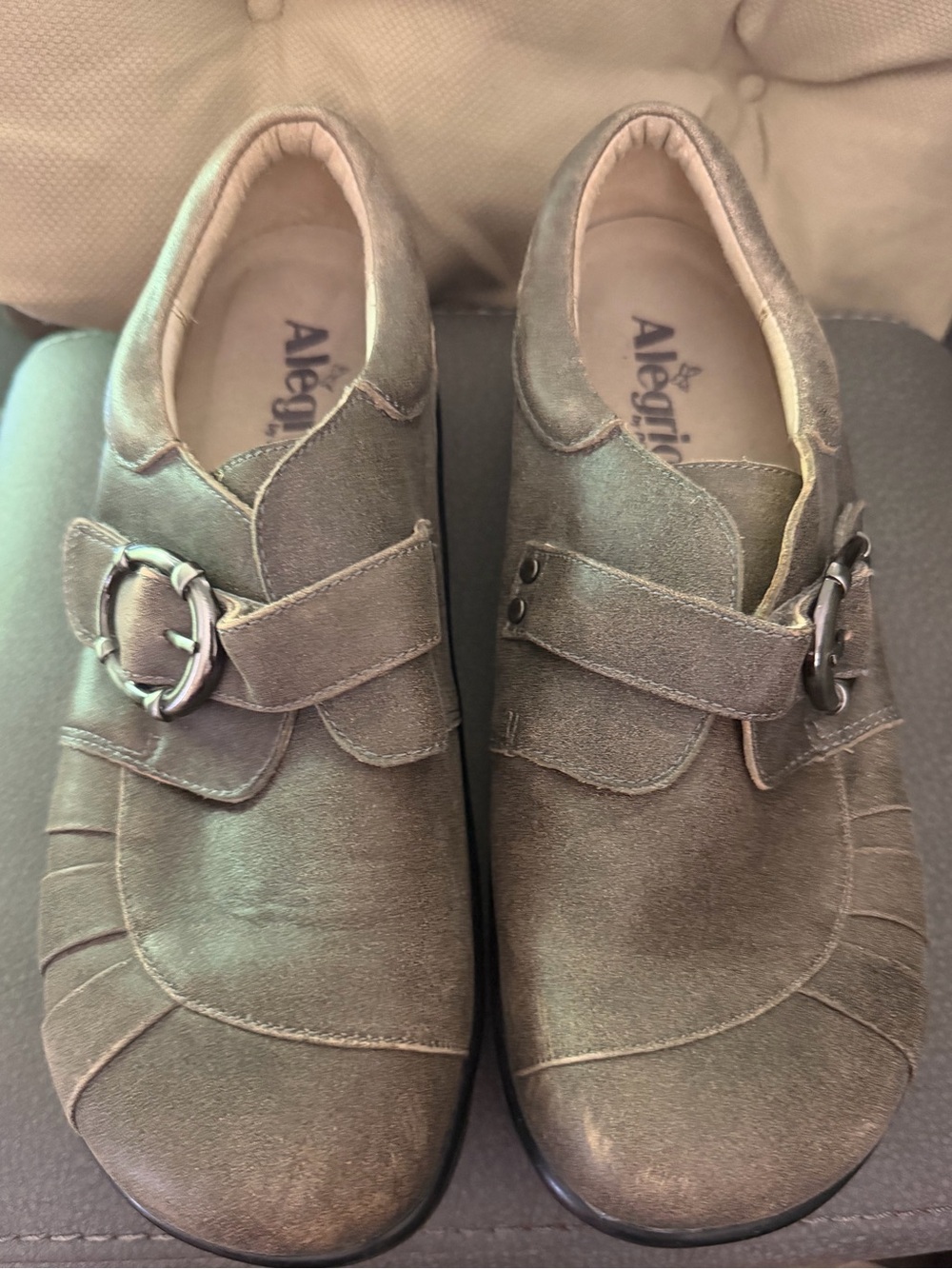 Alegria Olive Green Suede Slip-On Mules with Buckle Accent